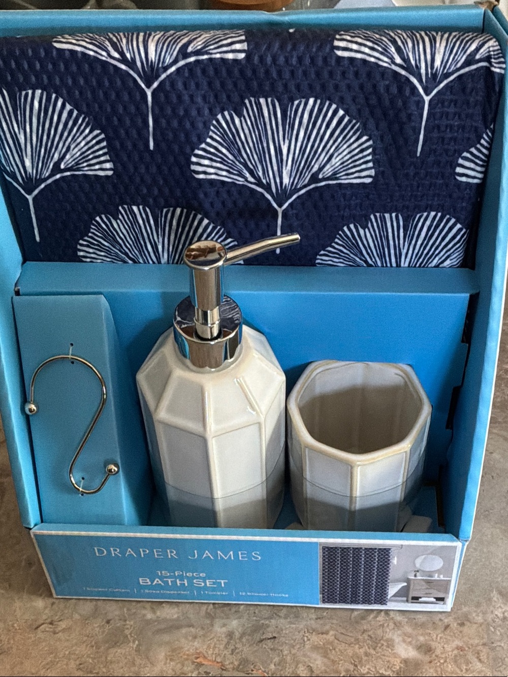 Draper James Navy and White Ceramic  Bath Set With Shower Curtain